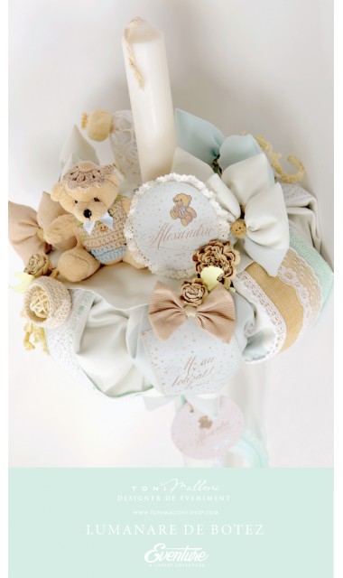 Lumanare de botez pentru baieti cu ursuleti si stelute aurii, 65x4cm, Tiny Teddy Bear 10